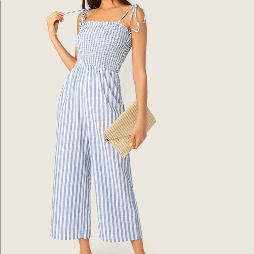 SHEIN Smocked and Knot Shoulder Jumpsuit
